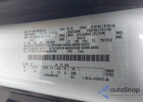 2025 Ford Transit-250 из США, поврежденный, VIN 1FTBR1C80SKA38180